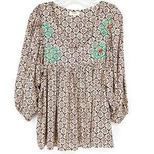 Umgee Blouse Medium Embroidered Flowy Business Bohemian Quarter Sleeve Elastic